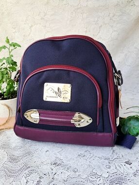 Small Canvas & Leather Backpack Navy and Plum with Silver Hardware Bee Accent